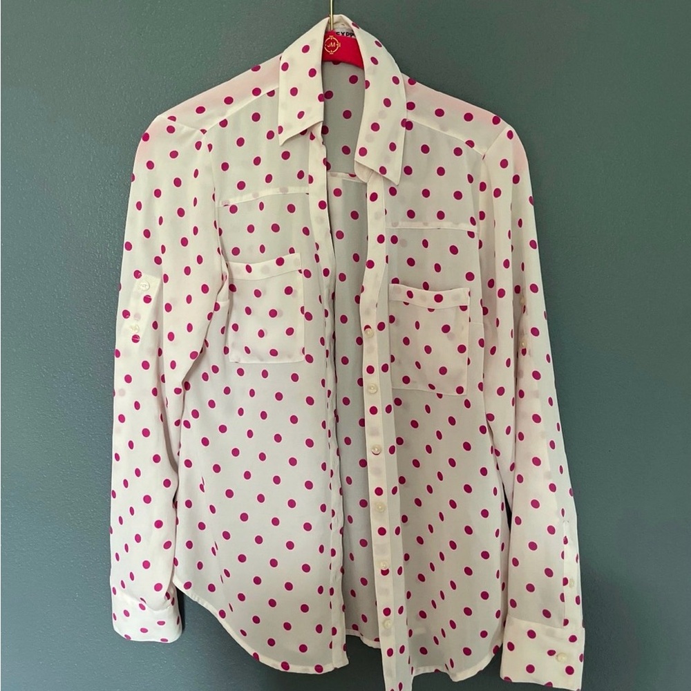 Express White and Pink Polka Dot Button Down Shirt